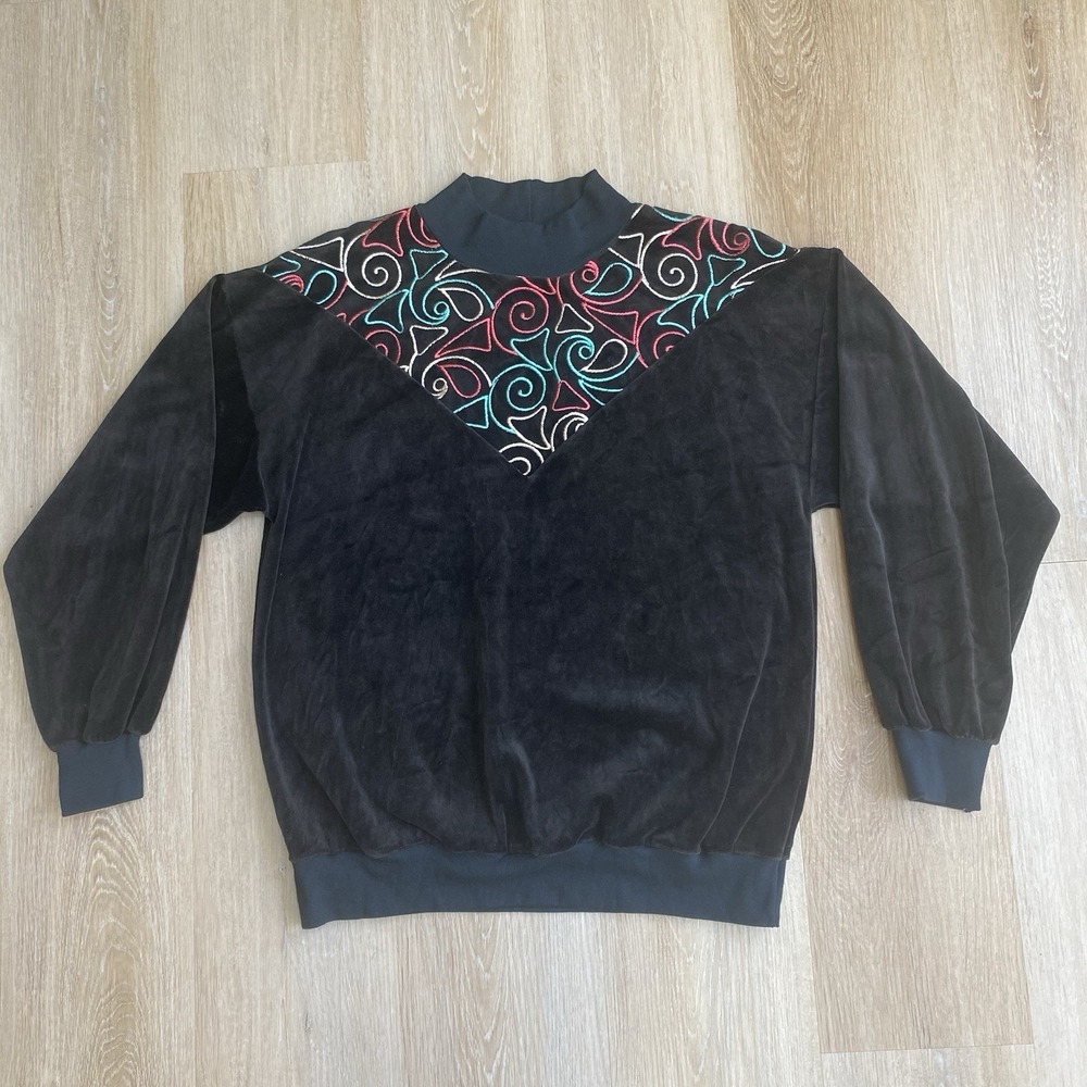 Vtg 80s/90s Shadowline Velvet Mock Neck Black Pullover with Abstract Embroidery